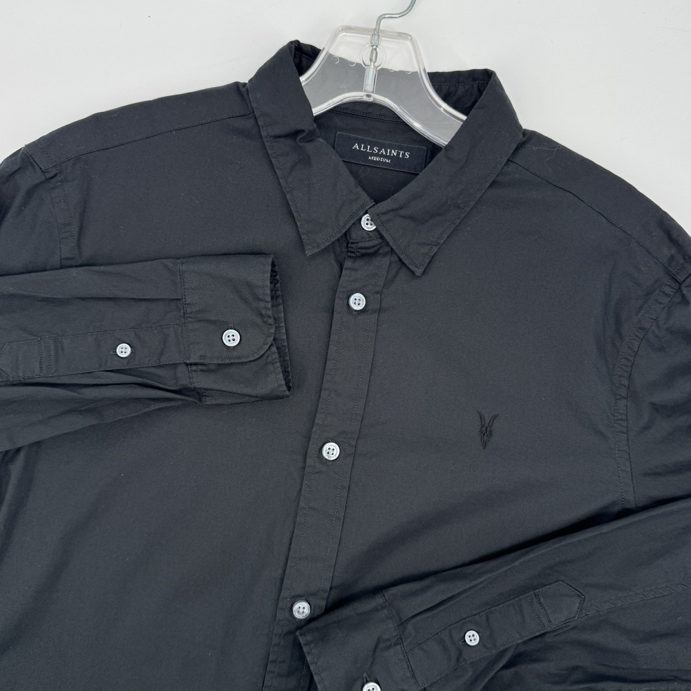 AllSaints Hawthorne LS Shirt Men's M Black Button Up Organic Cotton Stretch